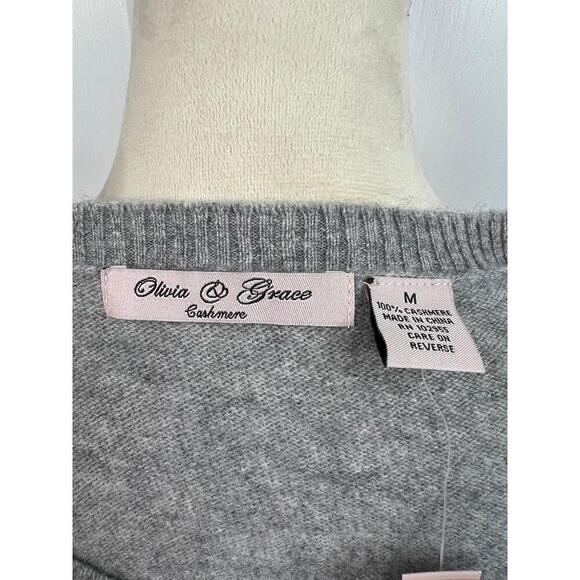 Olivia & Grace 100% Cashmere Sweater Size M Grey Turquoise Crewneck Soft Knit - Picture 10 of 13
